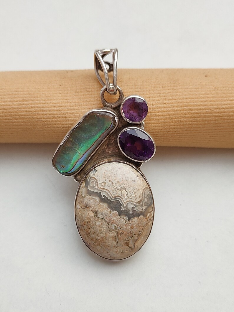 925 Sterling Silver Pendant Natural Obsidian Jasper , Natural Mother Of Peal Natural Amethyst