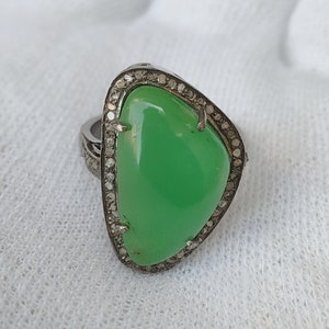 Natural Chrysoprase Ring Victorian Desgine Uncut Natural Diamond in Solid 92.5 Sterling Silver