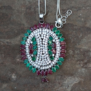 Emerald Ruby Sterling Silver Necklace: Multi Gemstone Pendant