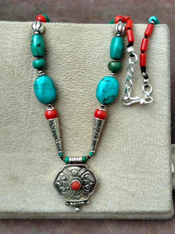 Natural Turquoise Coral Beaded Necklace in Sterling Silver