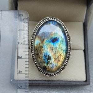 Cabochon Gemstone Ring, Natural Labradorite Ring, 92.5 Sterling Silver, Multi Flash Labradorite, Statement Ring, Gemstone Size- 36 x 24 MM