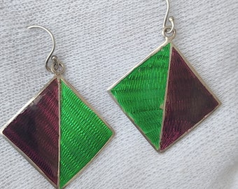 Inlay Enamel Sterling Silver Earrings: Handmade Indian Vintage Jewelry