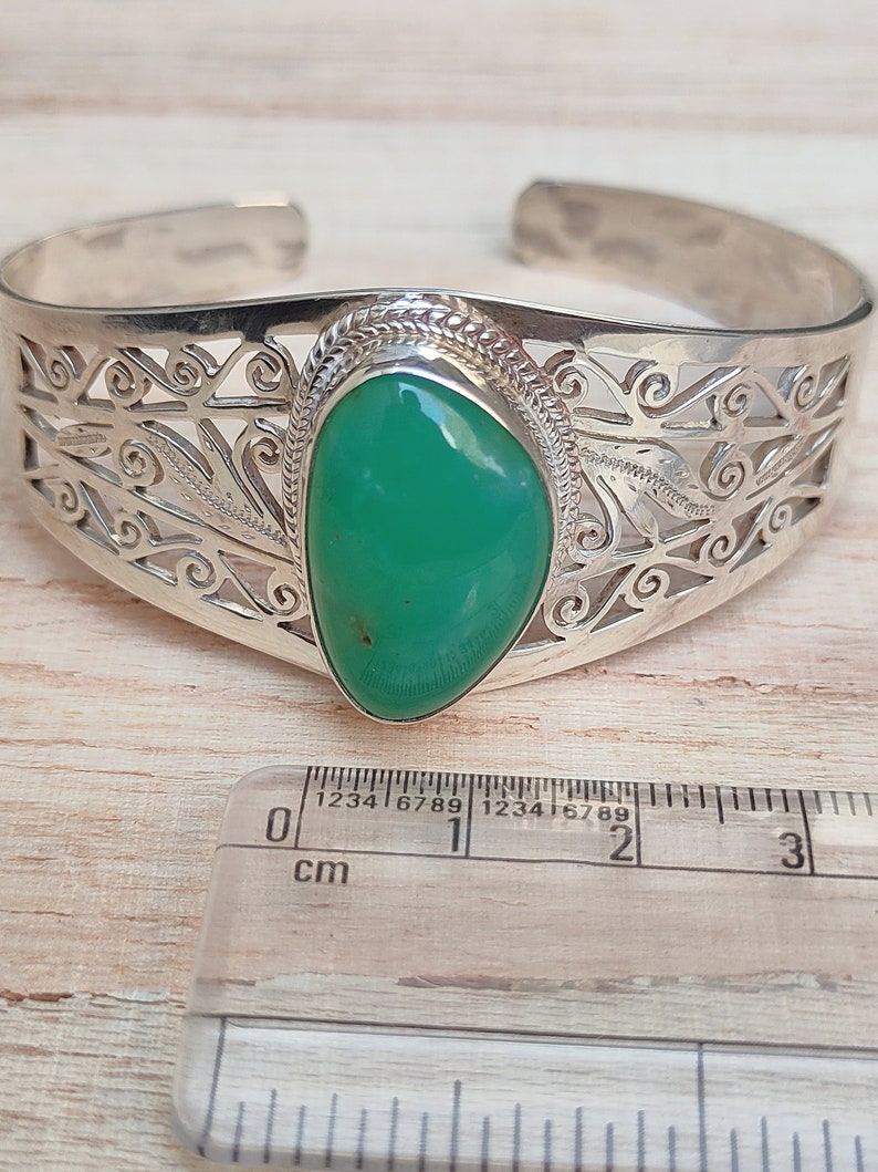 Tribal Silver Bangle Handmade Natural chrysoprase Filigree Silver Bangle Natural Chrysoprase Bangle In Solid 92.5 Sterling Silver