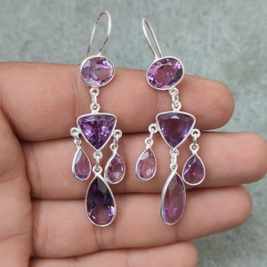 Long Dangle Earrings, Natural Amethyst Silver Earrings, 92.5 Sterling Silver Earrings, Handcrafted Amethyst Earrings, Amethyst Jewellery