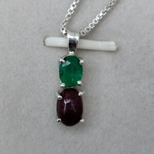 Natural Ruby Emerald Pendant, 92.5 Sterling Silver, Gemstone Necklace.