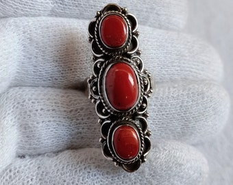 Tibetan Coral Ring: Handmade 925 Sterling Silver Tribal Ring