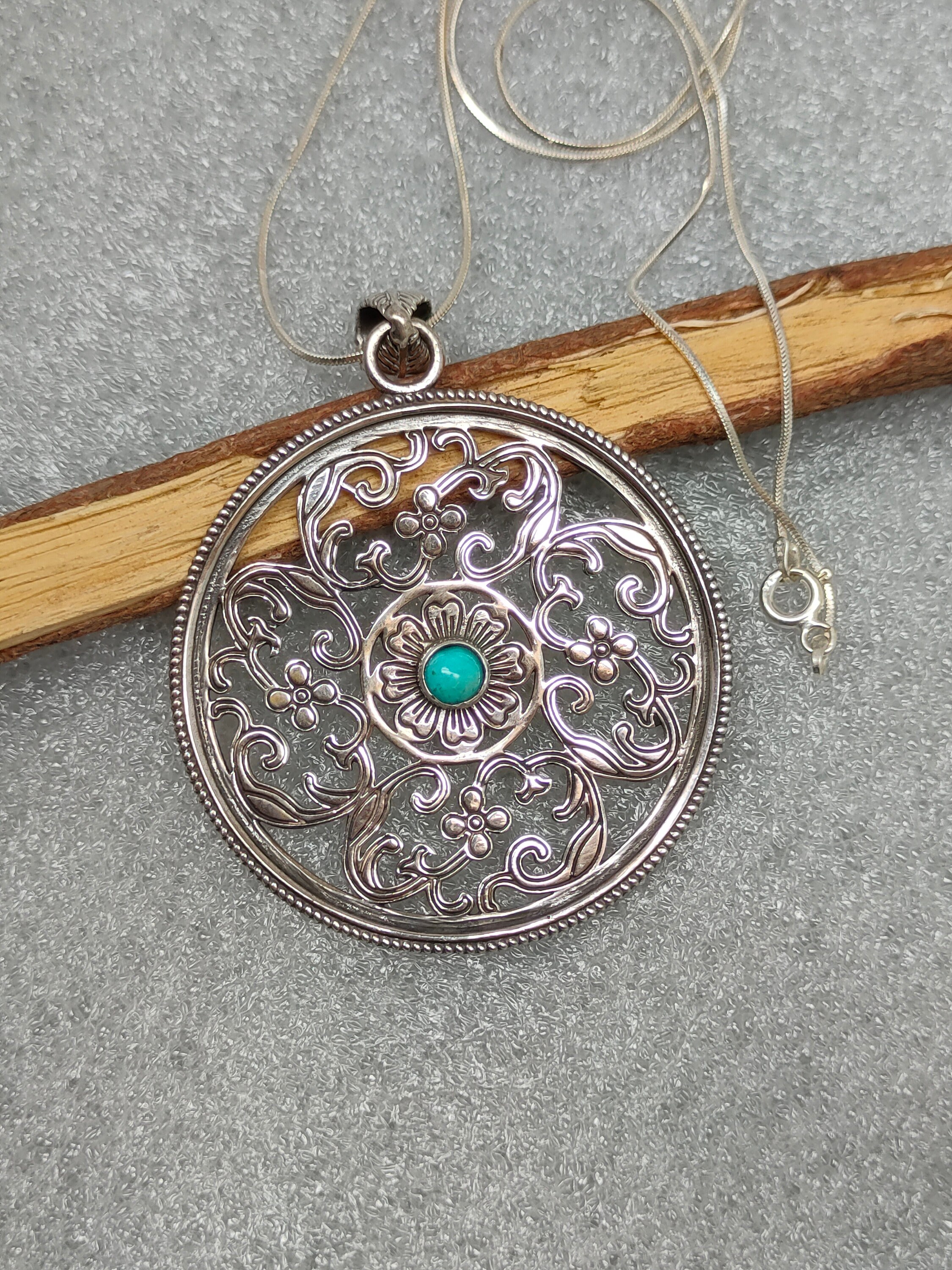 Tibetan Mandala Sterling Silver Pendant: Natural Turquoise Gemstone