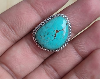 Boho Statement Ring, Natural Tibetan Turquoise Ring, 92.5 Sterling Silver Ring, Cabochon Turquoise Ring, Gift For Her