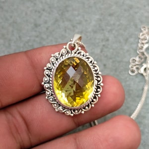 Certified 18.90 Cartas Natural Lemon Quartz Necklace, Tribal Pendant, 92.5 Sterling Silver Pendant Double Cut