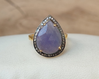 Victorian Sapphire Ring Uncut Diamonds Solid 92.5 Sterling Silver
