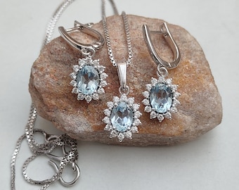 Handmade Sterling Silver Blue Topaz Jewelry Set: Pendant Necklace & Studs