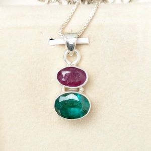 Vintage Natural Ruby Emerald Pendant, 92.5 Sterling Silver, Double Gemstone Necklace.