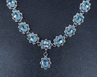 Certified Natural Blue Topaz Silver Necklace & Earrings Set, 92.5 Sterling Silver Necklace Set, Handmade Topaz Jewellery, Gift For Her.