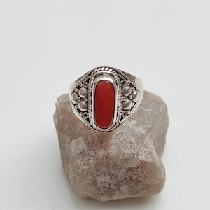 Natural Coral Ring , 92.5 Adjustable Sterling Silver Ring, Tibetan Coral, Tribal Ring ,Hallmark Ring Handmade Ring