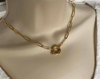 Collier Sailor, chaîne gros maillons, fermoir pendentif rond, acier inoxydable doré, bijou doré femme