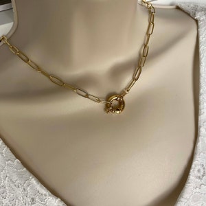 Sailor necklace, large link chain, round pendant clasp, gold stainless steel, women's gold jewelry