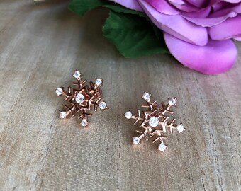 Earrings Gold flakes, rose gold metal, rose gold, white rhinestones, snow, winter, Christmas, Gift, woman