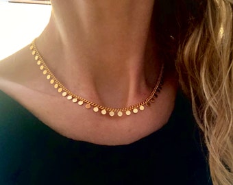 Collier Anjali plaqué à l'or fin 18 carats, chaîne pampilles, médailles, ajustable, bohème, cadeau femme, collier femme