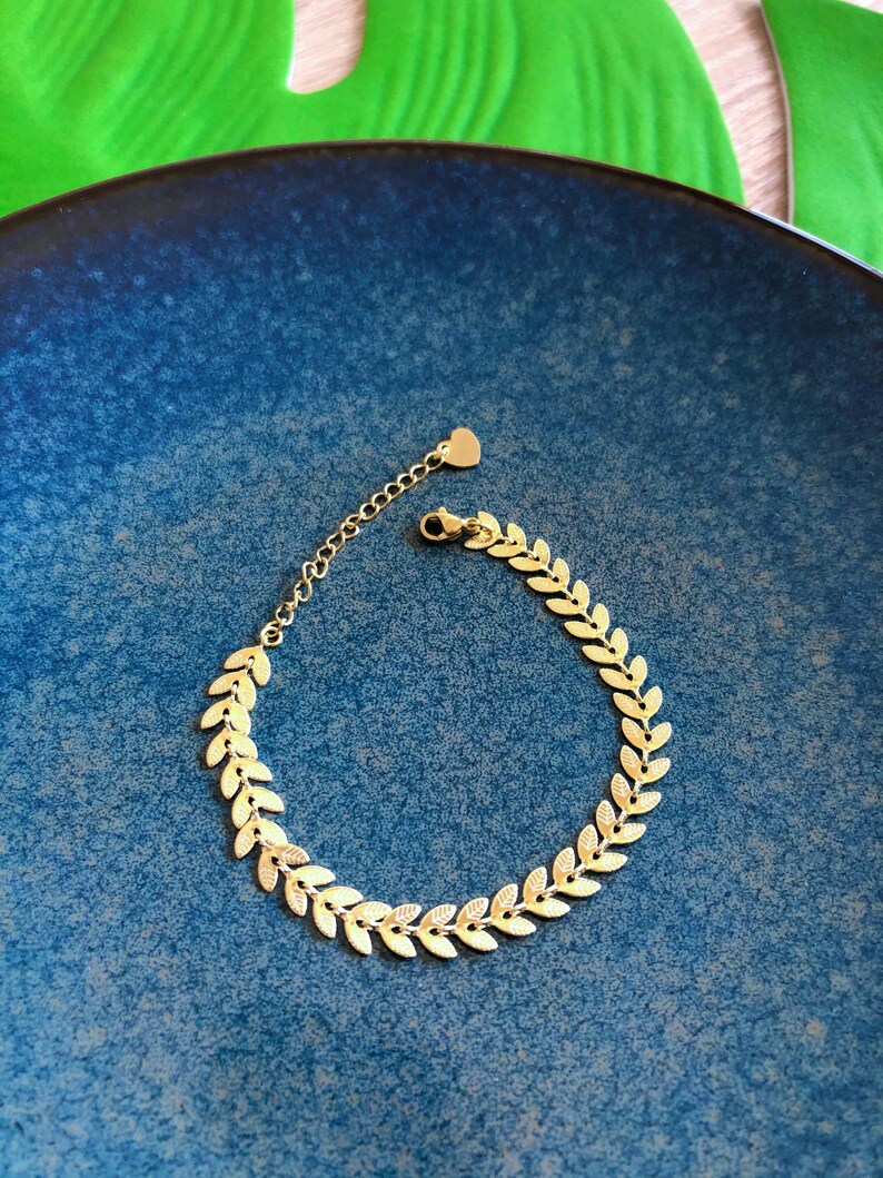 Epi adornment, necklace 18 carat fine gold-plated epi chain bracelet, laurels, herringbone, boho chic adornment, women's gift, golden jewelry image 3