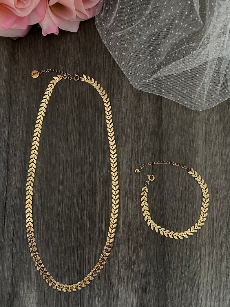 Epi adornment, necklace 18 carat fine gold-plated epi chain bracelet, laurels, herringbone, boho chic adornment, women's gift, golden jewelry image 1