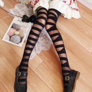 Women Sexy Thin Silk Stocking Cross Strap Sheer Thigh High Lolita Black  Stocking