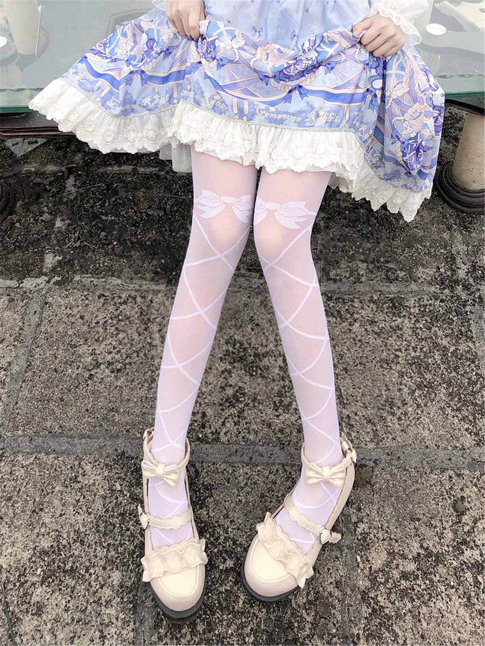 Bow Pattern Tights White Lolita Tights Black Sweet Etsy