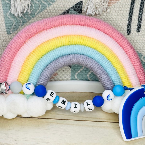 Beißkette Regenbogen Blau mit Namen Schnullerkette