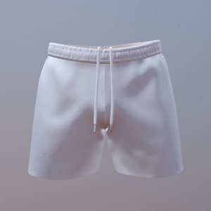 May include: White athletic shorts with a drawstring waist.