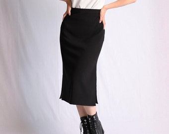 Black high waisted midi skirt with side slits, Available in silky satin or elegant crepe, Luxury finish, Pencil skirt with side slits