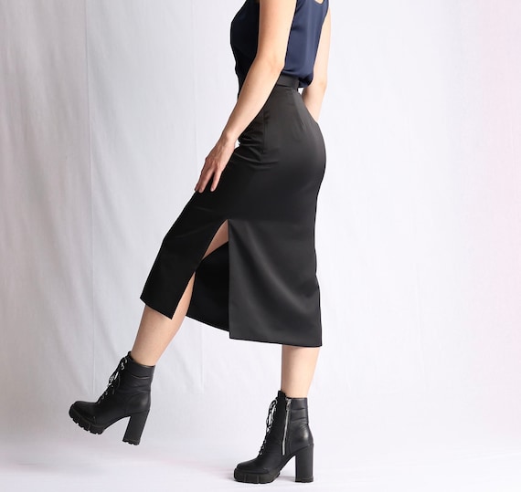 High waisted black satin skirt top
