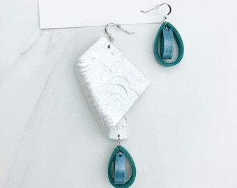 MANDANA | One-of-a-kind Asymmetrical Pearl White Leather Earrings, SAFARI Collection