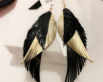 SHANI | Black & Gold Leather Feather Earrings