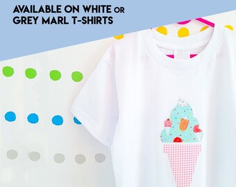 Icecream cone shape appliqued short sleeved t-shirt, summer top, holiday clothing, boy girl unisex clothing, gift, CHOOSE YOUR FABRIC