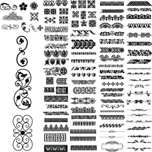 May include: A collection of black and white decorative design elements, including floral patterns, geometric shapes, and borders. These elements can be used for scrapbooking, card making, or other craft projects.