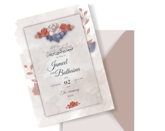 Könnte beinhalten: Eine Hochzeitseinladung mit Aquarellhintergrund und floralen Akzenten. Die Einladung zeigt die Namen "Jameel" und "Buthaina" sowie das Datum "02. Januar 2022".