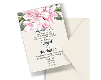 May include: A wedding invitation with pink flowers and green leaves. The text reads: "May Allah bless you, shower His blessings upon you, and join you together in goodness. The Family of Jameel & Buthaina. Request The Pleasure Of Your Company At The Ceremony Of Their Wedding On July 25, 2021. Your Time. Your Venue. Your Address."