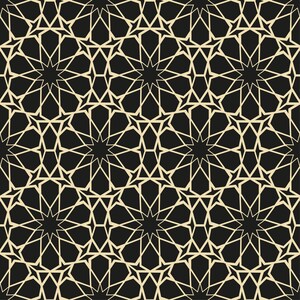 May include: A seamless pattern with a geometric design featuring intricate stars and lines in a gold color on a black background.
