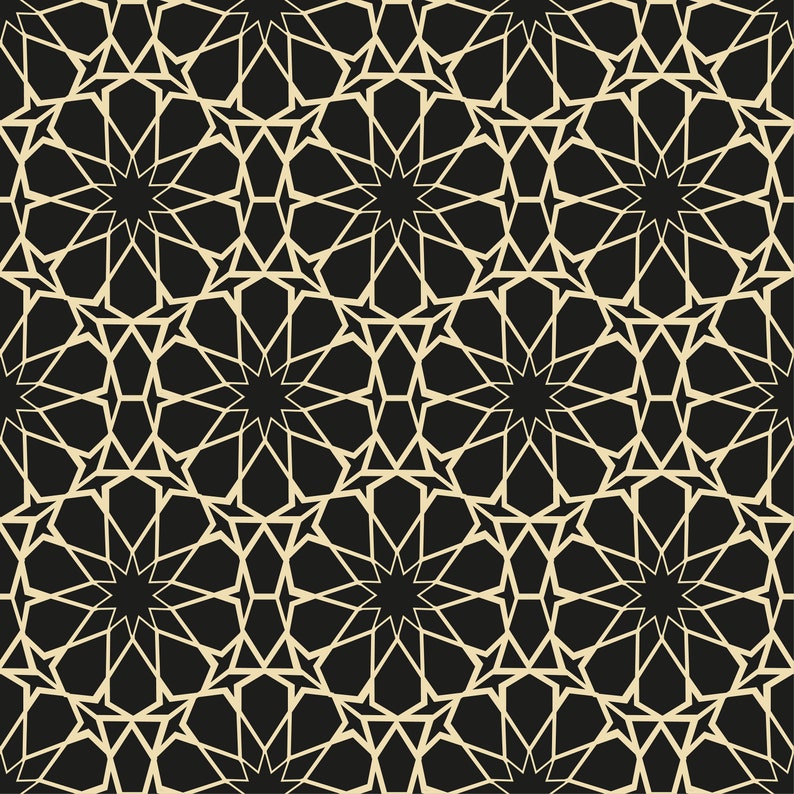 May include: A seamless pattern with a geometric design featuring intricate stars and lines in a gold color on a black background.