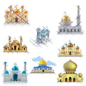 Puede incluir: Una colección de ocho ilustraciones diferentes de mezquitas, cada una con detalles arquitectónicos y esquemas de colores únicos. Las mezquitas se representan en una perspectiva isométrica estilizada, con un enfoque en sus cúpulas y minaretes.