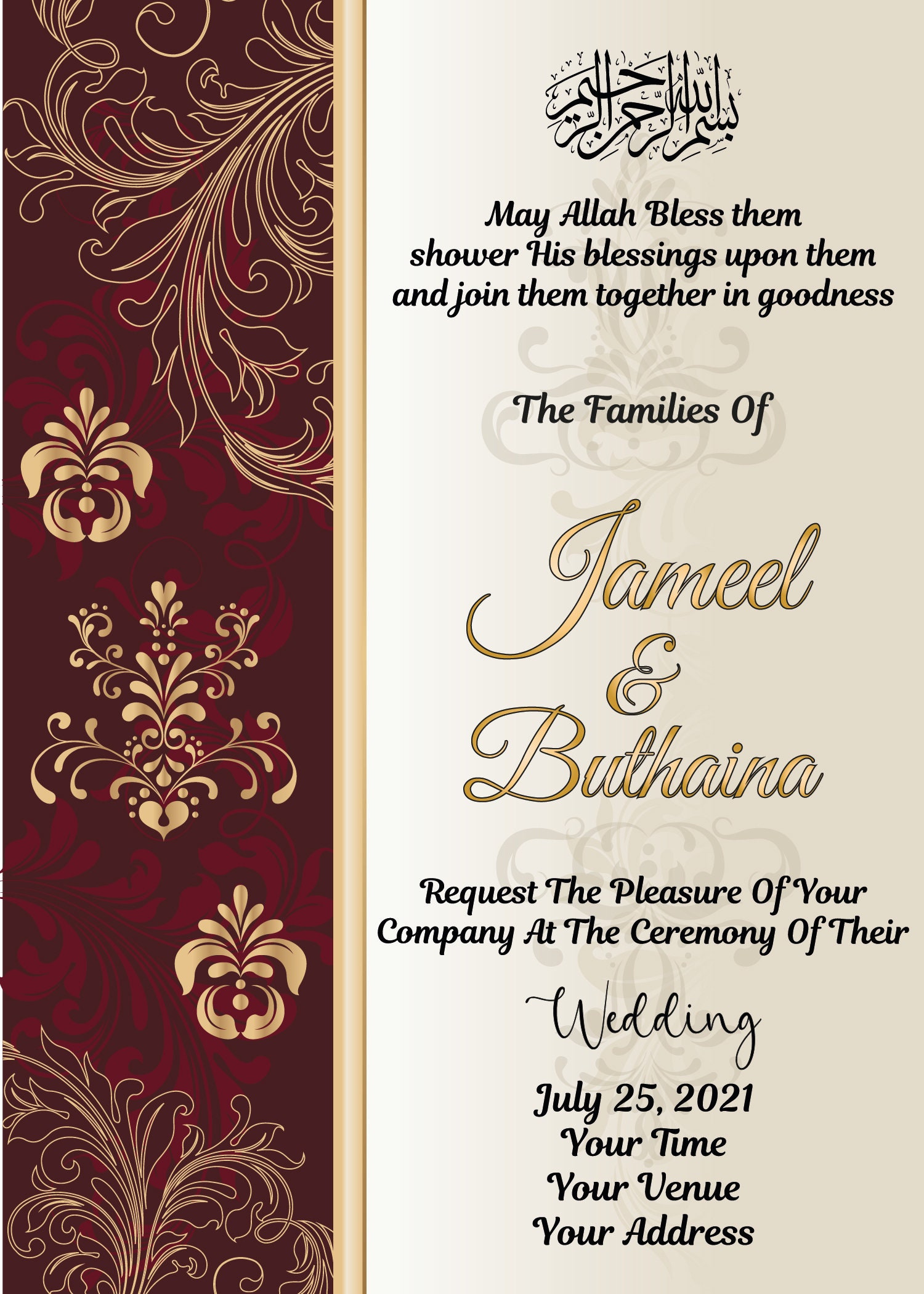 Invitación de boda musulmana. Invitación de boda en inglés, árabe, indio y  paquistaní. Nikah Valima Shaadi. AC-19632021/42 - Etsy México, image size:1500x2100