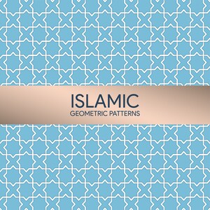 Puede incluir: Un patr&oacute;n geom&eacute;trico azul y blanco con el texto "ISLAMIC GEOMETRIC PATTERNS" en una pancarta marr&oacute;n.