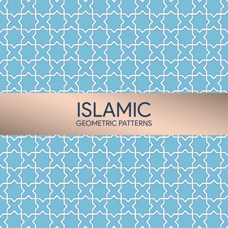 Puede incluir: Un patr&oacute;n geom&eacute;trico azul y blanco con el texto "ISLAMIC GEOMETRIC PATTERNS" en una pancarta marr&oacute;n.