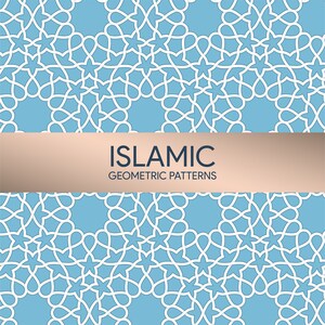Puede incluir: Un patr&oacute;n geom&eacute;trico sin costuras de formas blancas sobre un fondo azul claro. El patr&oacute;n recuerda al arte isl&aacute;mico y est&aacute; etiquetado como "ISLAMIC GEOMETRIC PATTERNS".