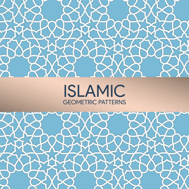Puede incluir: Un patr&oacute;n geom&eacute;trico sin costuras de formas blancas sobre un fondo azul claro. El patr&oacute;n recuerda al arte isl&aacute;mico y est&aacute; etiquetado como "ISLAMIC GEOMETRIC PATTERNS".
