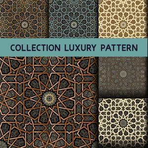 May include: A collection of six seamless patterns featuring intricate geometric designs in shades of brown, black, white, and gray. The patterns are inspired by traditional Islamic art and architecture.