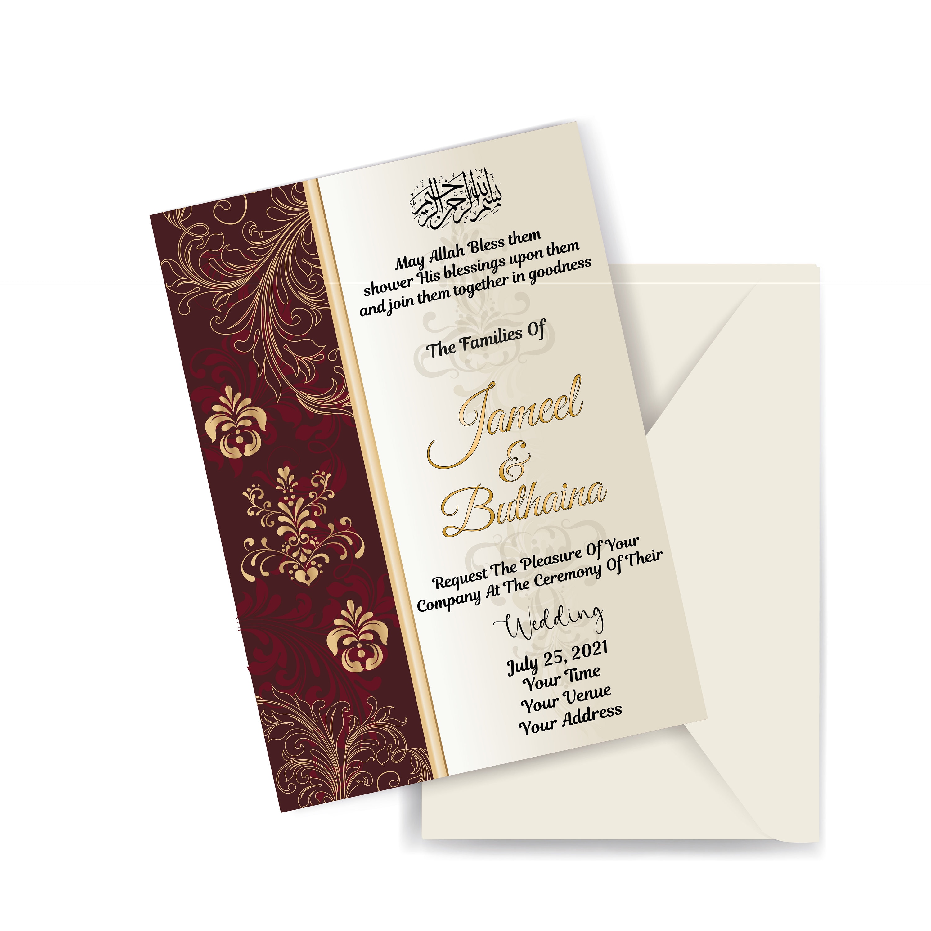 Invitación de boda musulmana. Invitación de boda en inglés, árabe, indio y  paquistaní. Nikah Valima Shaadi. AC-19632021/42 - Etsy México, image size:3000x3000