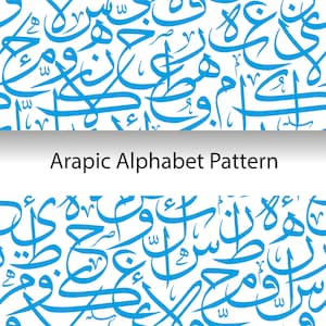 May include: A seamless pattern of blue Arabic alphabet letters on a white background. The letters are stylized and overlapping, creating a complex and intricate design.