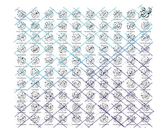 One Page 99 Asma Allah Al-Husna In Diwani Calligraphy and Their Meaning. Png and Svg. Instant Digital Download.