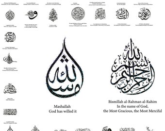 May include: Black and white calligraphy art print featuring the Arabic words "Mashallah" and "Bismillah al-Rahman al-Rahim" with English translations below. The print is a decorative piece for a home or office.