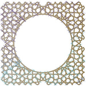 May include: A gold geometric frame with a circular opening in the center. The frame is made up of intricate star and diamond shapes.